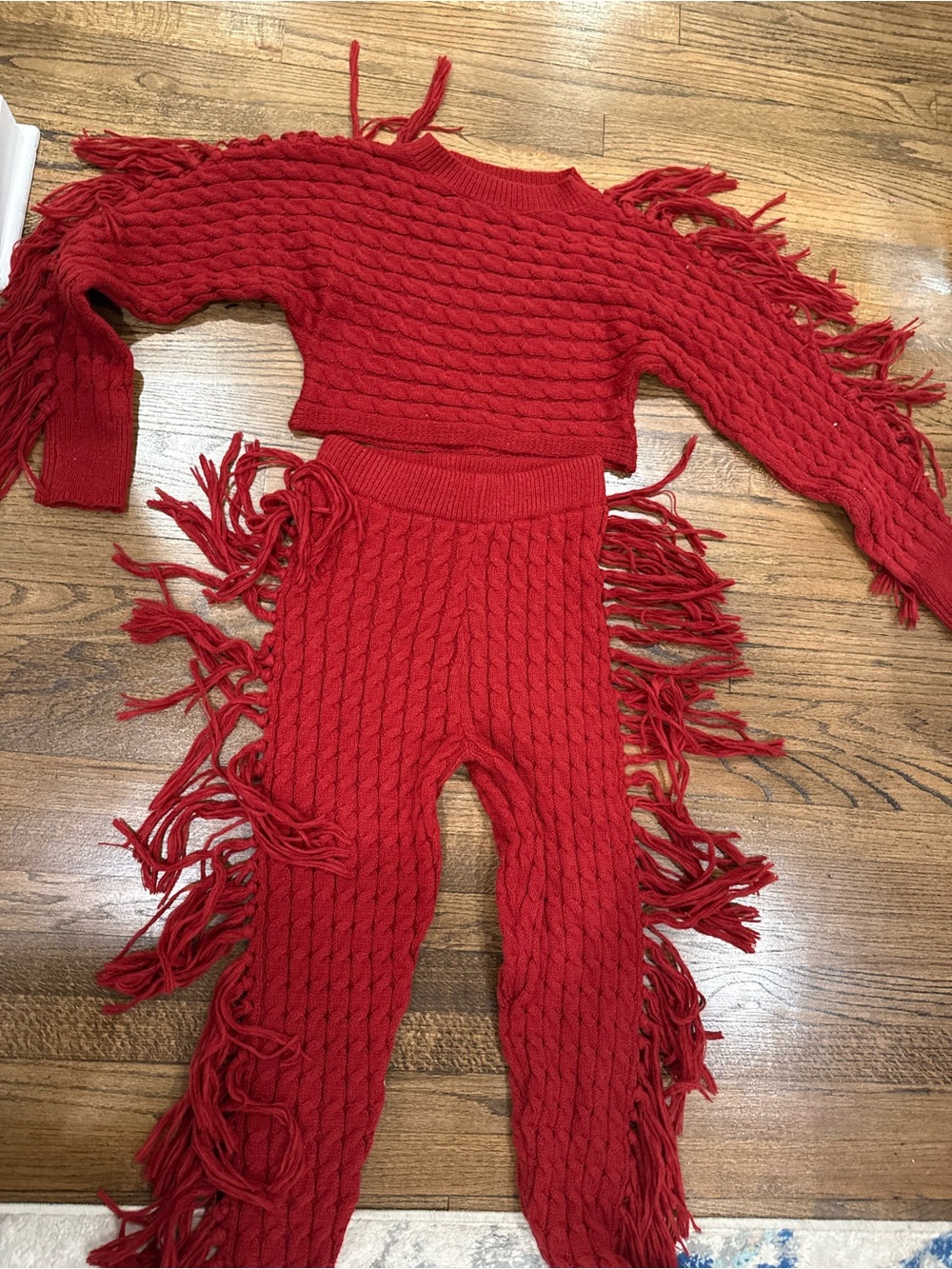 Red Cable-Knit Fringe Sweater & Leggings Set